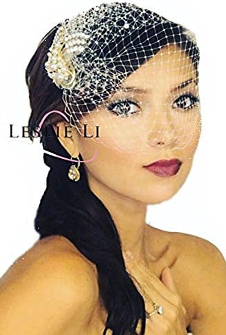 Leslie Li Women's Birdcage Bridal Veil & Vintage Pearl Brooch Ivory/Gold 27-356
