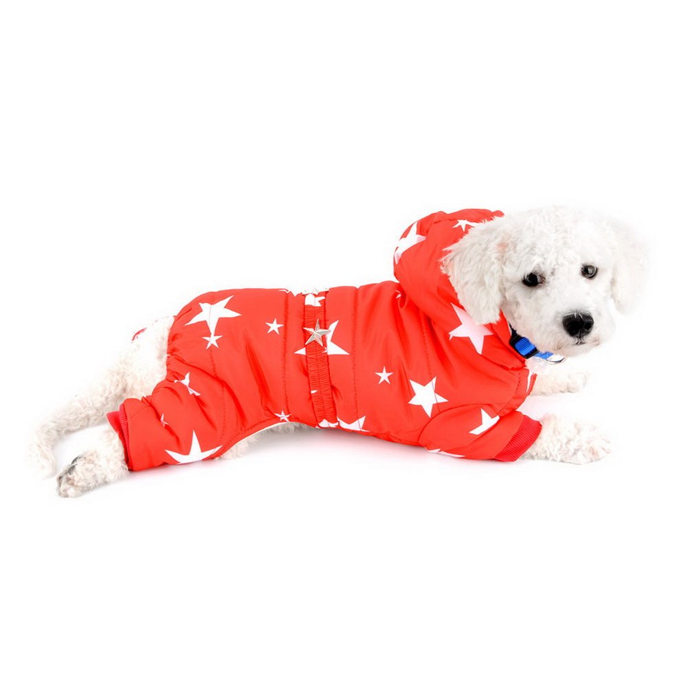 SELMAI Snowsuit for Small Dogs Fleece Lined Star Belt Hooded Jumpsuit Four-legs Pants Winter Coats Puppy Doggie Chihuahua Apparel Clothes Outfits Red S