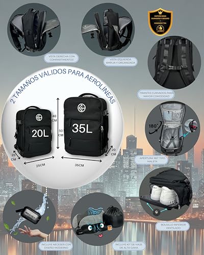 Ayars Ryanair Priority Cabin Backpack 55x40x20 | Oxford 900D Waterproof | TSA Lock | Airplane Hand Luggage | Travel Kit: Neck Pillow + 3D Mask + Plugs + Toiletry Bag | USB