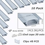 Litever 10 Pack Recess Aluminum Channels for LED Strips 1 Meter / 3.3 FT- Flush Mounting for Max 12mm Wide Flexible or Rigid LED Strip Frosted Diffused Milky Diffuser with Clamps End Caps-LL-007-G