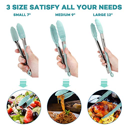 Novosun Kitchen Tongs,Set of 3-7,9,12 inches,Non-Stick,Stainless Steel,Heat Resistant Locking Cooking Tongs with Silicone Tips,Can Also Be Used as Ice Tongs and Sugar Tongs (Teal)