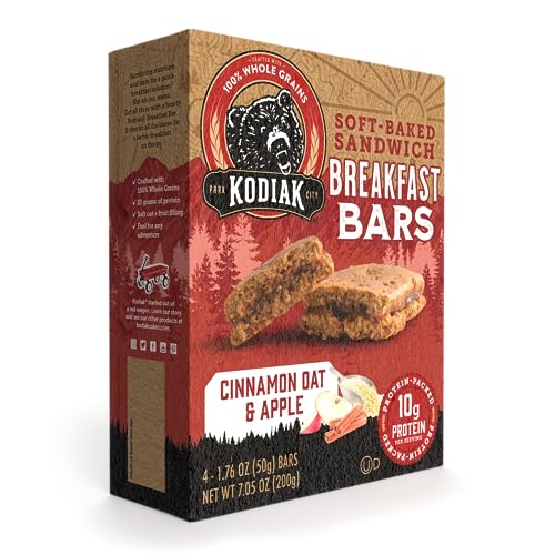 KODIAK SOFT BAKED SANDWICH BREAKFAST BAR, CINNAMON OAT & APPLE, HIGH PROTEIN, 100% WHOLE GRAINS, 1 BOX WITH 4 BARS EACH (4 BARS TOTAL)