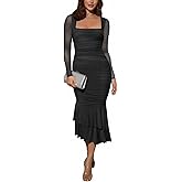 Atizon Women's Ruched Bodycon Long Sleeve Square Neck Wedding Guest Dress Formal Mermaid Evening Cocktail Party Maxi Dresses
