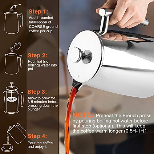Secura French Press Coffee Maker, 50Ounce, 18/10 Stainless Steel