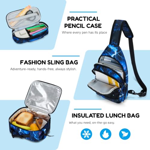 Amythe Boys Backpack - Elementary and Middle School - Complete Set with Chest Bag, Lunch Bag & Pencil Case - Teenagers Large Lightweight Waterproof Backpack for School & Travel, Blue
