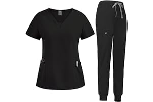 niaahinn Scrub Suit Set for Women Modern V-neck Top & Tapered Leg Jogger Pants with Drawstring Medical Nursing Uniforms Set