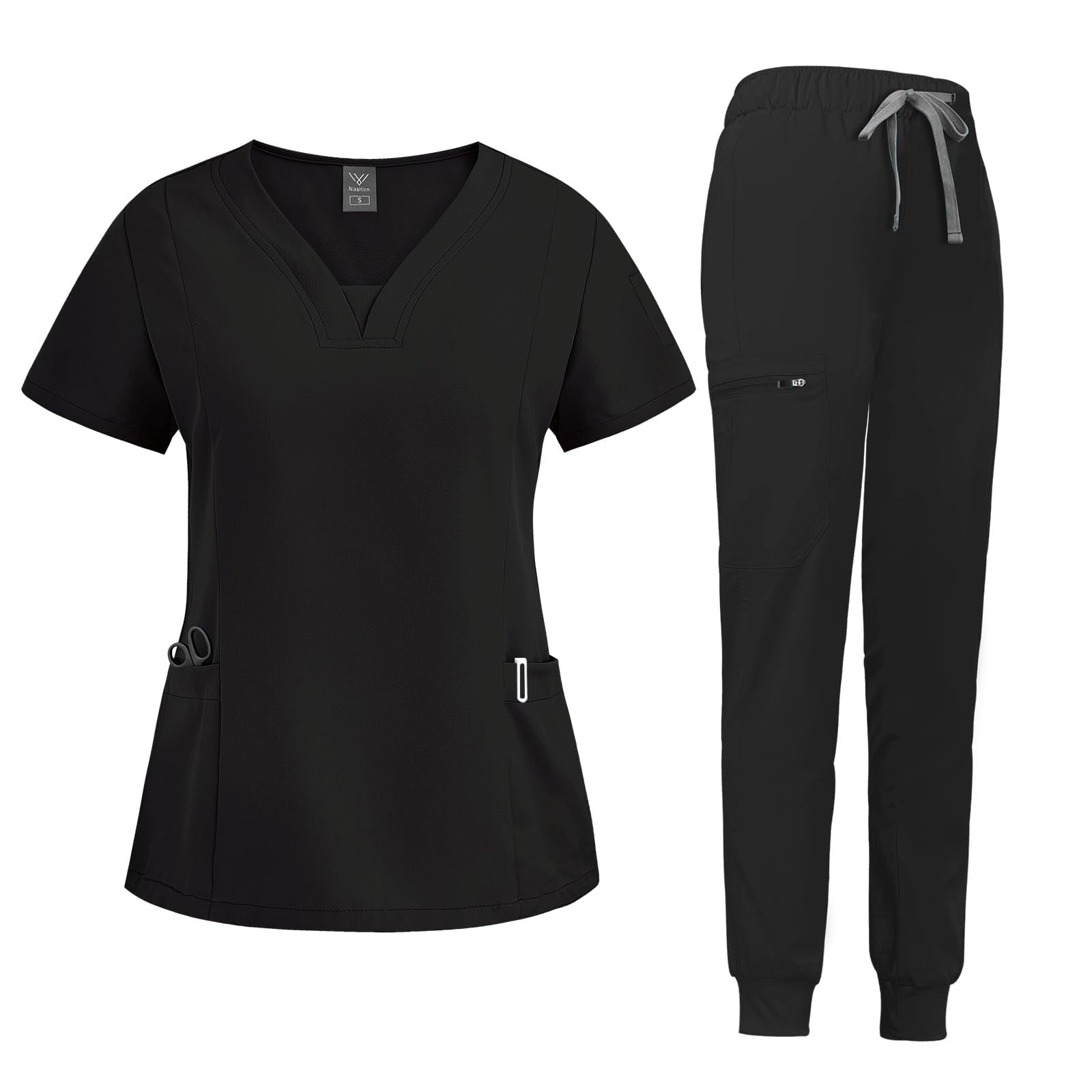 Photo 1 of niaahinn Scrub Suit Set for Women Modern V-neck Top & Tapered Leg Jogger Pants with Drawstring Medical Nursing Uniforms Set (Black, S)