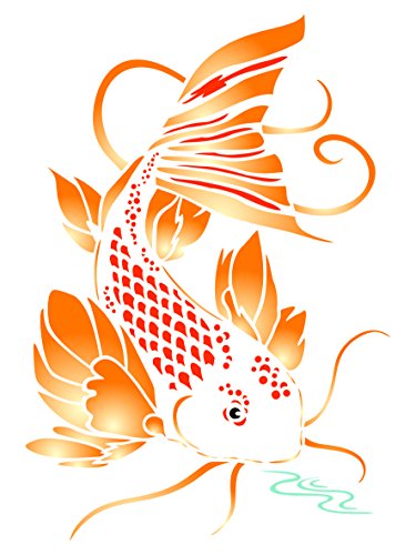 Koi Stencil - 6.5 x 9.5 inch (M) - Reusable Asian Oriental Carp Fish Animal Pond Wall Stencil Template - Use on Paper Projects Scrapbook Bullet Journal Walls Floors Fabric Furniture Glass Wood etc.