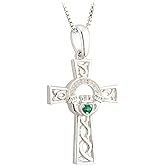Biddy Murphy Claddagh Celtic Cross Necklace for Women, 925 Sterling Silver, Traditional Emerald Green CZ Cubic Zirconia, Imported from Ireland, 3/4" W x 1 1/8" H