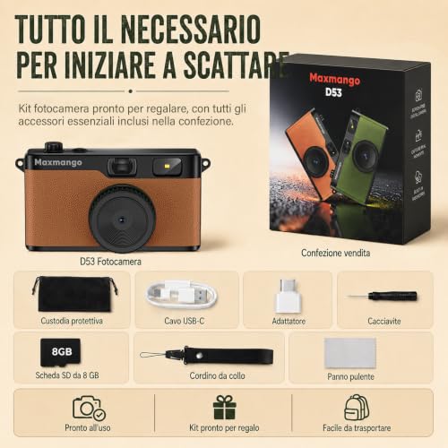 Maxmango D53 Compact Digital Camera Without Screen, Vintage Retro Camera 12 MP Capture Real Moments, Downloadable DIY Filters, USB-C, 8 GB SD Card Included, Up to 4000 Photos (Brown)