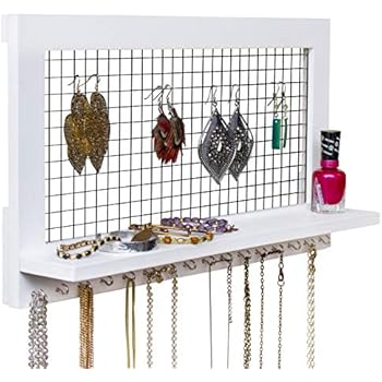 SoCal Buttercup White Jewelry Organizer from Wooden Wall Mounted Holder for Earrings/Necklaces/Bracelets/Accessories