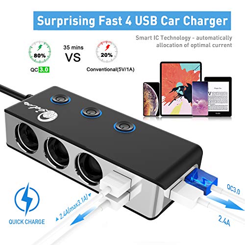3Socket Cigarette Lighter Quick Charge 3.0, Qidoe 120W 12V/24V Car