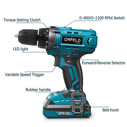 ORFELD Cordless Drill, 20V Drill Driver with 2.0Ah Battery, Built-in LED, 2 Variable Speed, 270 In-lbs Torque, 20 Clutch, 3/8'' Metal Keyless Chuck, 43 pcs Accessories, Blue