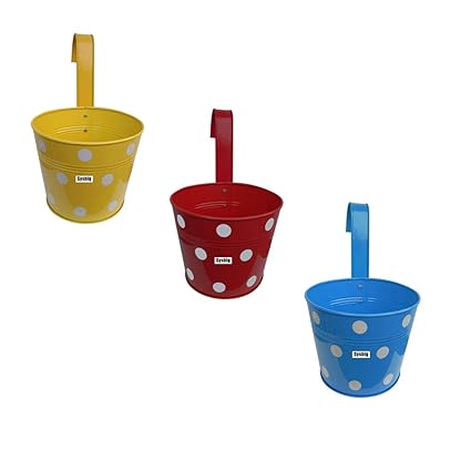 Kraftsplanet Garden Decor Set of Three Polka Design Railing with Detachable Hooks and Handle Planter c ntainer Set fgrg
