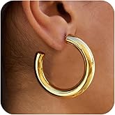 HEVOCY Chunky Gold Hoop Earrings: 14K Gold Plated, Non Tarnish, Lightweight, Open Tube Design, Hypoallergenic, Trendy Minimalist, 20/30/35/40/45/50MM