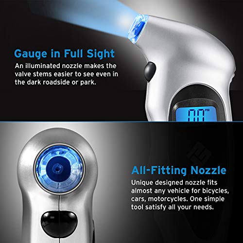 Etekcity GL-0801A Digital Tire Gauges, 150 PSI Compact Lightweight Measurement Tool with Lighted Nozzle, Backlit LCD and Non-Slip Grip, 4 Pressure Units for Bike, Car, Truck