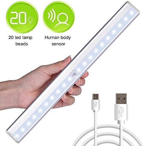 Under Cabinet Light 20 LED Rechargeable Motion Sensor Closet Lights Wireless LED Kitchen Cabinet Lights Wardrobe Lighting Bar Stick-on Anywhere with Magnetic Strip