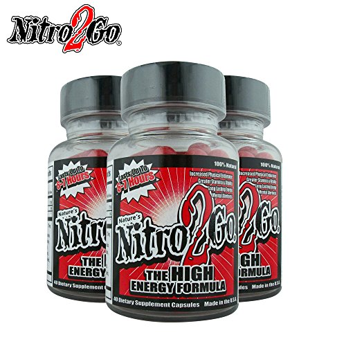 Nitro2Go High Energy Formula (3 BOTTLES) Fast Acting Energy Pill Supplement for Men and Women guaranteed strength booster enhancers packed with natural vitamins and improved nutritional formulas.