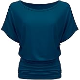 Women's Boat Neck V Neck Short Sleeve Draped Dolman Top with Side Shirring Premium Shirt