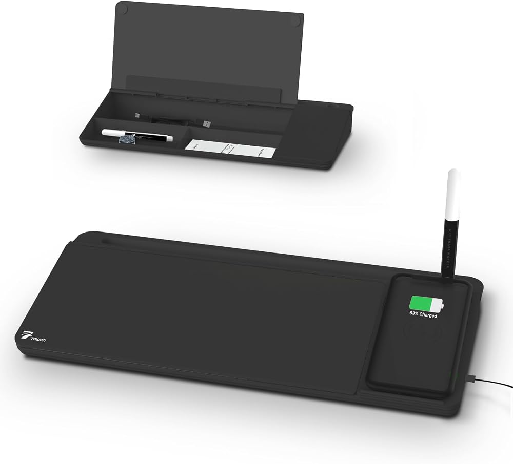 TOWON Desktop Glass Whiteboard with Wireless Charger Station White Black 34 x