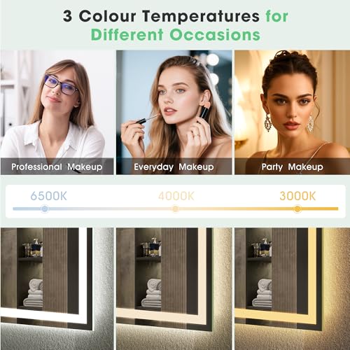 S'bagno Bluetooth Bathroom Mirror with Lighting 70 x 50 cm LED with Demister 3000K 6500K Dimmable Memory HD Tempered Glass IP44 with LED Horizontal/Vertical