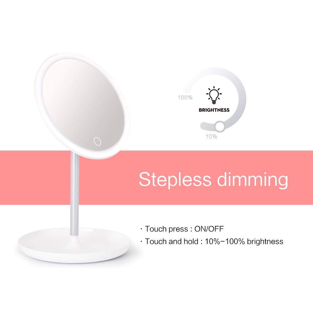 STARPIE Round Lighted Vanity Makeup Mirror with Rechargeable Natural White LED Daylight, Detachable, Storage Base, Touch Control, 360°Rotation and Dimmable Light Control By Touch Screen