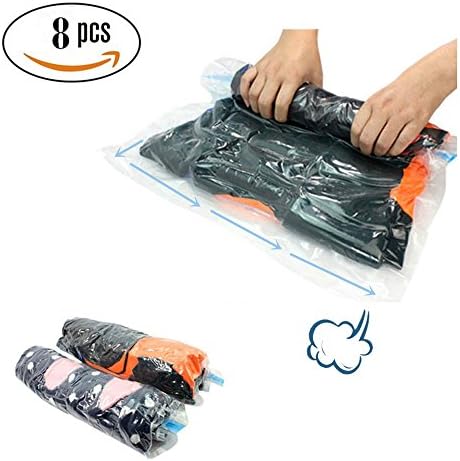 Travel Compression Storage Bags –8 Space Saver Roll Up Seal Bags for Clothing Luggage No Vacuum Sacks