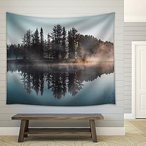 Trees with Reflection on a Perfectly Smooth Lake - Fabric Wall Tapestry Home Decor - 51x60 inches