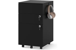 Giantex 3-Drawer File Cabinet with Wheels, Wooden File Organizer with Lock and 4 Keys, Mobile Printer Stand, 2 Side Hooks, Un