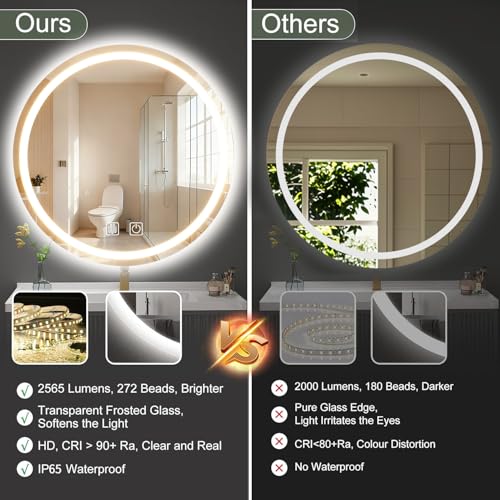 Espejo de baño circular de 80 cm con iluminación LED,función inteligente antivaho, 3 ajustes de temperatura de color ajustables, funcionamiento con control táctil,adecuado para baños y dormitorios
