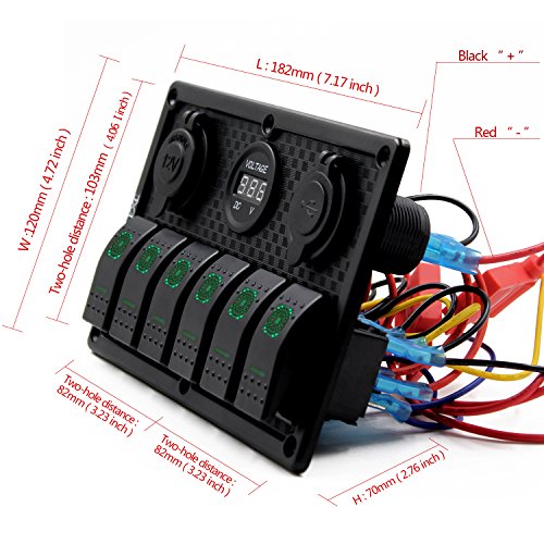 FXC Waterproof Marine Boat Rocker Switch Panel 6 Gang With Dual USB Slot Socket + Cigarette Lighter + Digital Voltage Display LED Light for Car Rv Vehicles Truck (6 Gang Green Light) - Thumbnail 5