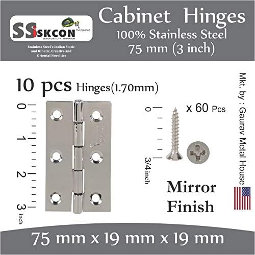 ssiskcon 3 inch x 3/4 x 3/4 Door Heavy Cabinet Hinges Stainless Steel 10 Hinge with Hardware Mirror 32 Indoor Outdoor Nrp Silver Folding - Pack of 1