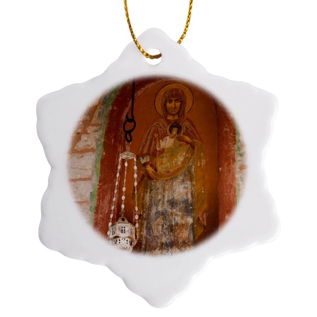 3dRose Greece, Epirus, Moni Tsoukas Monastery, Fresco of the Virgin Mary Snowflake Ornament, Multi-Colour, 3-Inch