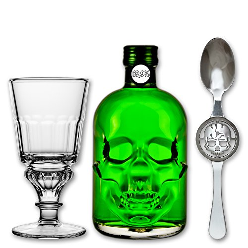 Absinthe"Amnesie" 69,9% alc. Vol. + 1x Absinthe Glas"Pontarlier" + 1x Absinthe Löffel"Skull"