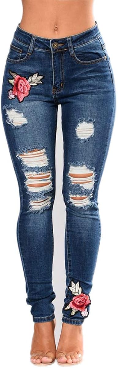Longwei Women Slim Fit Stretch Embroidered Flower Hole Jeans Ladies Floral Printed High Waist Denim Pant Dark Blue Xxxl Amazon Co Uk Clothing