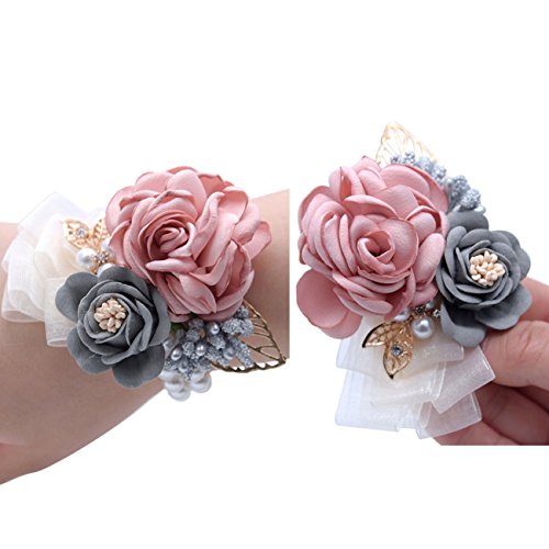 Florashop Pink Satin Rose Wrist Corsage & boutonniere Wedding Bridal Bridesmaid Wrist Corsage Wristband and Men's Groom Bridegroom Boutonniere for Wedding Prom Party Homecoming - Thumbnail 2