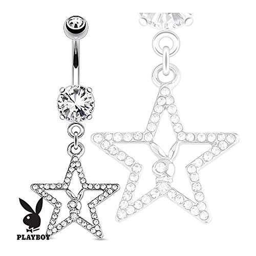Playboy Bunny with Paved Gemmed Star Dangle 316L Surgical Steel Navel Belly Button Ring (Sold Ind.)