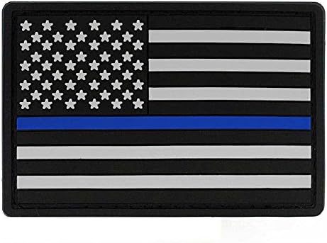 3" x 2" American Flag PVC Patch with Velcro - Thin Blue Line - USA Flag Patch United States of America Military Uniform Tactical Jacket Milsim Hats - Soft Rubber Emblem - Black, Grey & Blue