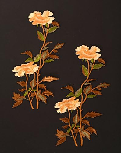 Two Rose Flower Iron On Patches Embroidered Garment DIY Fabric Flower Motifs, Craft, Sewing, Embroidery Patches, Embroidered Lace Fabric Ribbon Trim Neckline Collar (Brown)