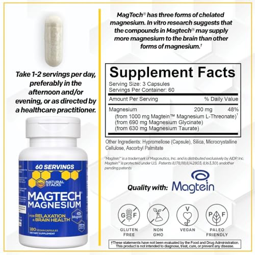 MagTech Magnesium Supplement - 3 Forms of Magnesium: Magtein L-Threonate, Glycinate & Taurate - 200mg Chelated Magnesium Complex - Supports Relaxation & Brain Health - 180 Capsules
