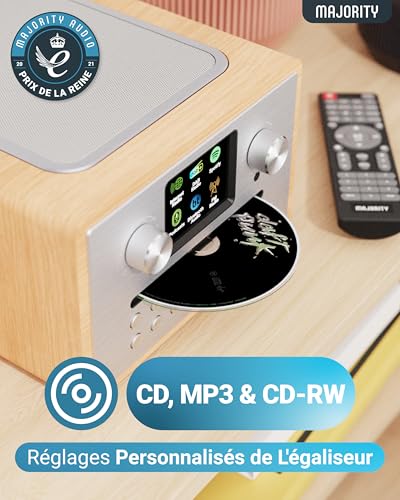 Dab Plus Radio with CD Player | Bluetooth WiFi Internet Radio | CD Tuner Amp with Spotify Connect & Podcast | Colour LED Display and Remote Control | Majority Homerton Oak