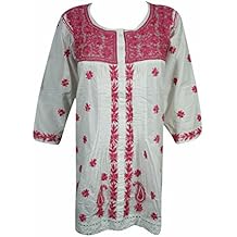 Mogul Womens Embroidered Blouse Boho Long Sleeve Peasant Summer Beachwear Cover Up (Pink)