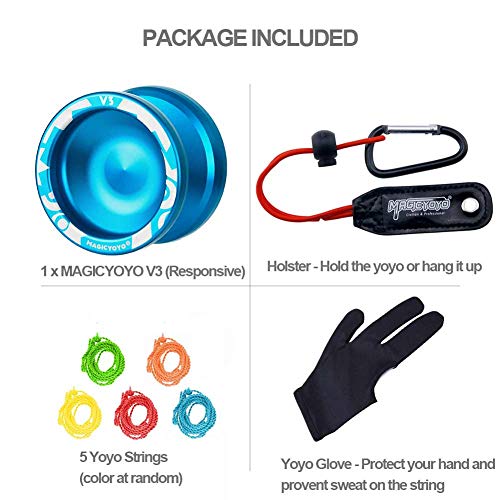 YOSTAR Yoyos for Kids, High Performance MAGICYOYO V3 Alloy Aluminum Metal Yoyo Responsive Blue Yoyo with Extra 5 Strings, Yoyo Glove, Holster