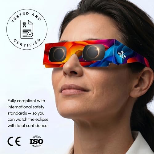 Occhiali da sole per eclissi solare approvati AAS 2024 (confezione da 10) Occhiali da sole sicuri certificati CE e ISO per vedere direttamente il sole Include guida aggiuntiva Confezione