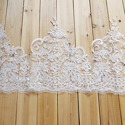 Lace - 40CM Wide lace Border lace Trim 6yards/lot Embroidered Tulle mesh Ivory lace Trimming Sequins lace Trim for Wedding Dress Sewing - (Color: Ivory)