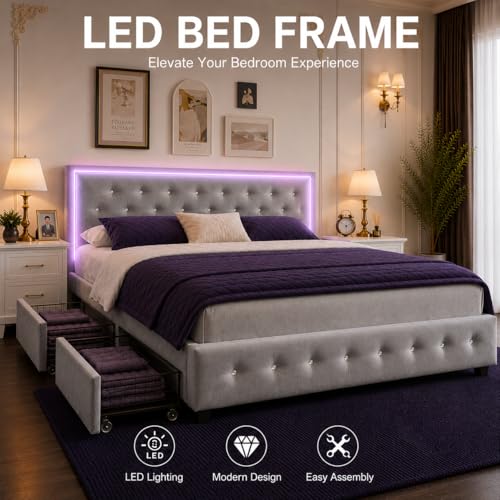Queen Bed Frame with 4 Storage Drawers, LED Bed Frame with Remote Control Rhythm Sync Light, Adjustable Diamond Tufted Headboard, No Box Spring Needed, Velvet Grey