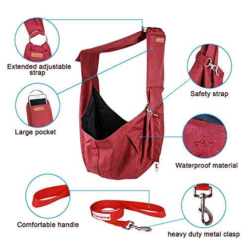 Wokow Dog Sling Pet Carries, Hands-Free Waterproof Lightweight Shoulder Carrier Bag with Dog Leash/Pocket and Adjustable Lengthened Strap for Small Medium Cat/Puppy/Rabbit up to 16lb Outdoor Travel