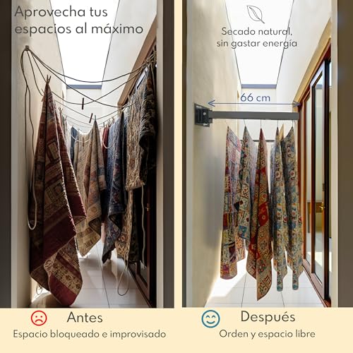 Tendedero de Ropa en Pared con Accesorios de Acero Inoxidable y 5 líneas de Cable de Acero Recubierto de Plástico, Rack para Ropa Grande y Extendible hasta 5 m. Colgador de Ropa Interior y Exterior