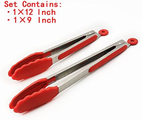 FitHom Premium Silicone Kitchen Tongs-Cooking Tongs-Non-stick Heavy Duty Stainless Steel With Heat Resistant Silicone Tips-2 Pack(9 inch&amp;12 inch)