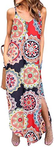 Sleeveless Strappy Cami Maxi Long Dress V Neck with Pockets Casual Beach Skirt Cover Up Slits